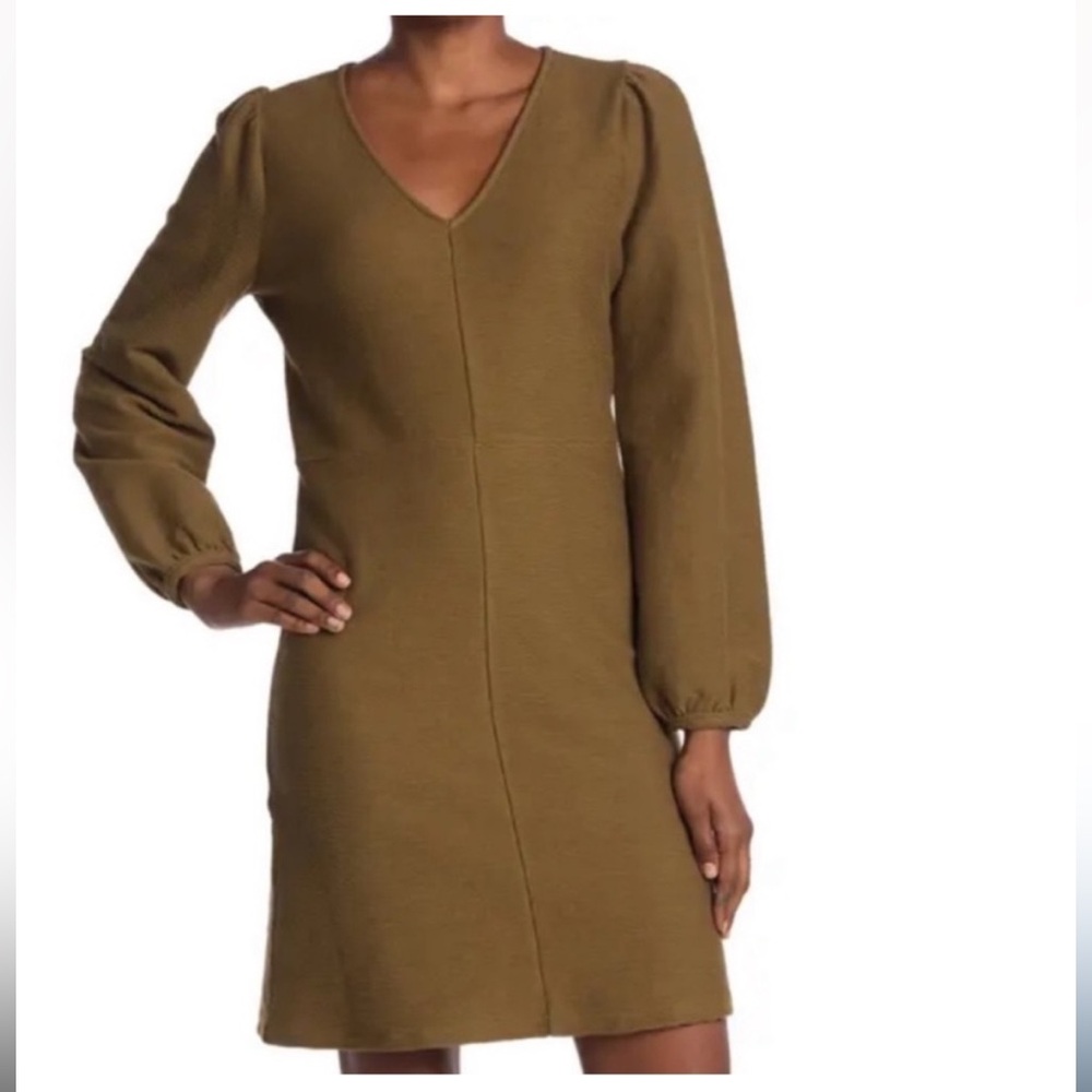 Madewell - Olive Green V Neck Balloon Sleeve Ribbed Ponte Midi Dress Size small